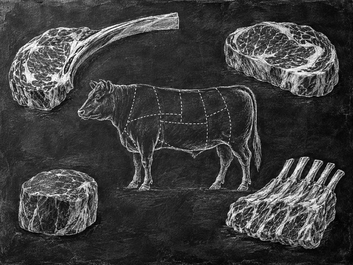 チョークで描いた牛の部位図。Ribeye と Tomahawk は Rib から、Tenderloin は Short Loin から取れることを示しています