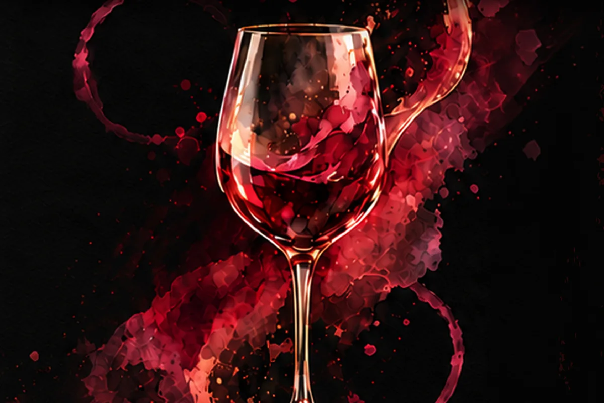 wine dinner でワイン名のタグが付いたグラスに赤ワインを注ぐ様子